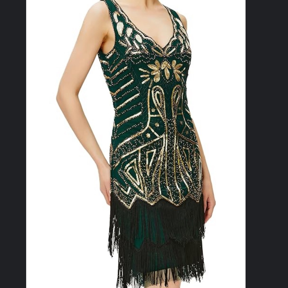 BABEYOND Green Gold Art Deco Sequin Flapper Dress Size XS